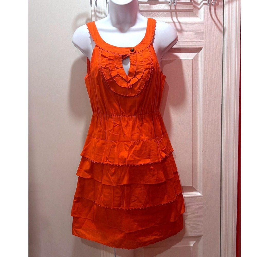 Maeve Anthropologie Dress Women Orange Ruffle Tiered Cotton Sleeveless 2‎